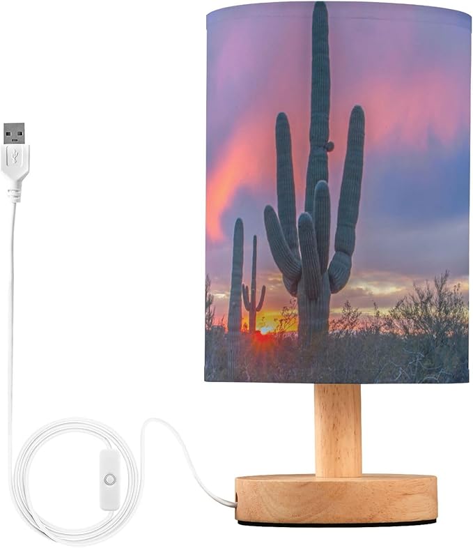 Table Lamp Saguaro Cactus in Sunset Arizona Desert Nightstand Lamp with Wood Base Fabric Lamp Shade Bedside Desk Lamp for Living Room Bedroom Kids Room Office