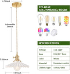 Pendant Light 2 Pack with White Pleated Ceramic Lmapshade, Brass Vintage Pendant Light Adjustable Hanging Light for Kitchen Island Dining Room Hallway