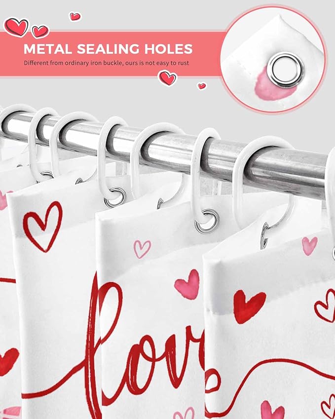 Vandarllin Valentine's Day Shower Curtain, Pink Red Love Shower Curtains Set with Hooks, Romantic Heart Leaves Waterproof Fabric Bathroom Curtains Decor Accessories,72X 96 Inch Extra Long
