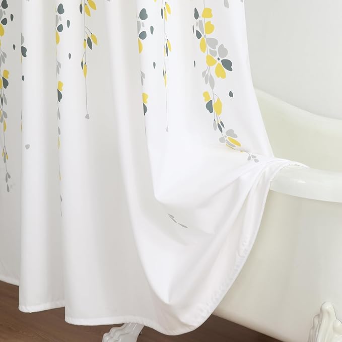 Extra Long Fabric Shower Curtain, Yellow and Gray Floral Flower Shower Curtains for Bathroom, Waterproof Bathroom Curtains, 72" W x 84" H