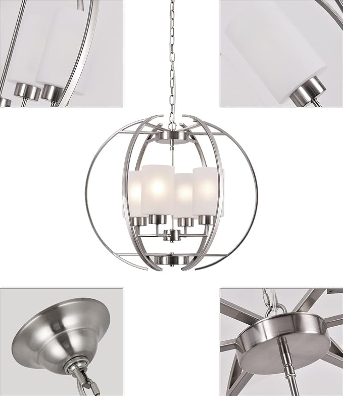 BOZO Brushed Nickel Chandelier Dining Room Lighting Fixtures Modern Foyer 24" Orb Chandeliers 4 Light Hanging Pendant Ceiling Lighting Frosted Glass Shades
