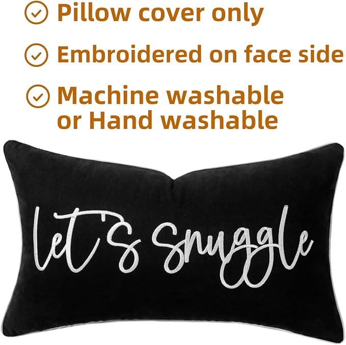 Sunkifover Let's Snuggle Decorative Lumbar Pillow Cover - 12x20 Inch Black and White Cotton Embroidery Throw Pillowcase for Bed, Bedroom, Living Room, Home Decor