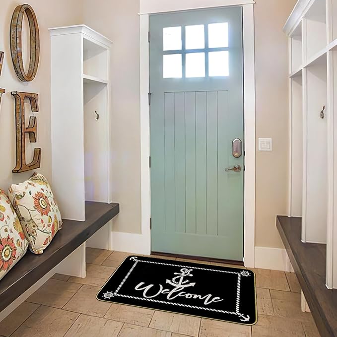 Mingnei Boat Floor Mat, Nautical Rug, Welcome Mats Outdoor Nautical, Black and White Boat Doormat Door Mat for Home Boats Entrance, Nautical Boat Floor Mats for Indoor Outdoor Rug 30 x 17 Welcome Mat