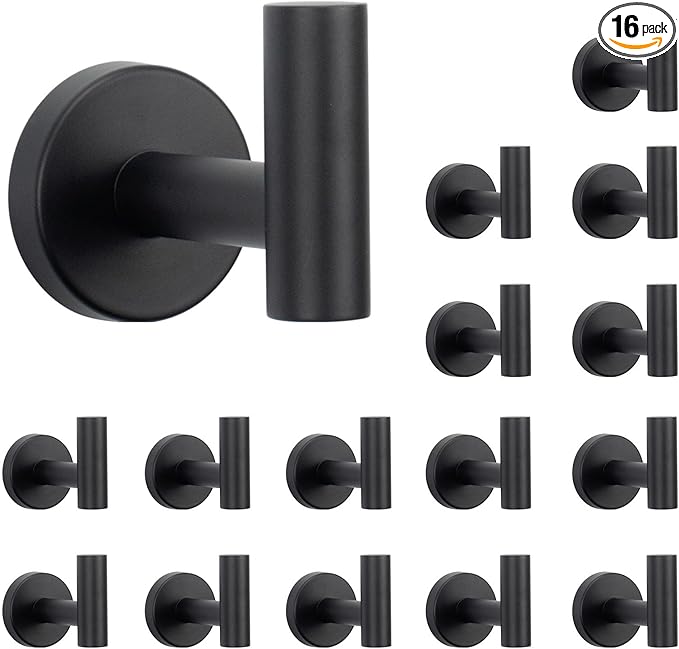 NearMoon Bath Towel Hooks- SUS 304 Stainless Steel Robe Hook Holder, Heavy Duty Coat Hook for Bathroom Livingroom Hotel Kitchen Garage, Wall Mounted (Matte Black, 16 Pack)