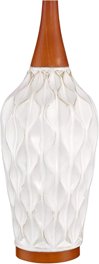 360 Lighting Rocco Mid Century Modern Table Lamp 30" Tall White Wave Geometric Ceramic Oak Wooden Neck Tan Fabric Drum Shade for Living Room Bedroom House Bedside Nightstand Home Office