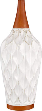360 Lighting Rocco Mid Century Modern Table Lamp 30" Tall White Wave Geometric Ceramic Oak Wooden Neck Tan Fabric Drum Shade for Living Room Bedroom House Bedside Nightstand Home Office
