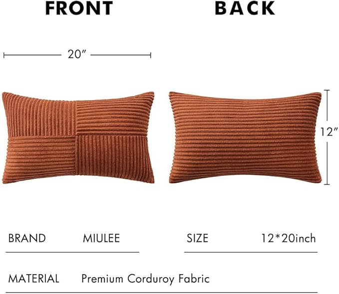 MIULEE Dark Rust Corduroy Pillow Covers Pack of 2 Boho Fall Decorative Spliced Throw Pillows Soft Cross Patchwork Textured Pillowcases Home Decor for Living Room Bed Sofa 14x24 inch