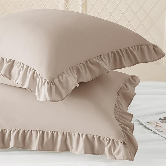 KKJIAF Ruffle Pillow Cases 24x24 Inches, Khaki Square Ruffled Pillow Covers Set of 2, Microfiber Wrinkle Resistant Pillow Shams with Envelope Closure for Sofa Bed Living Room
