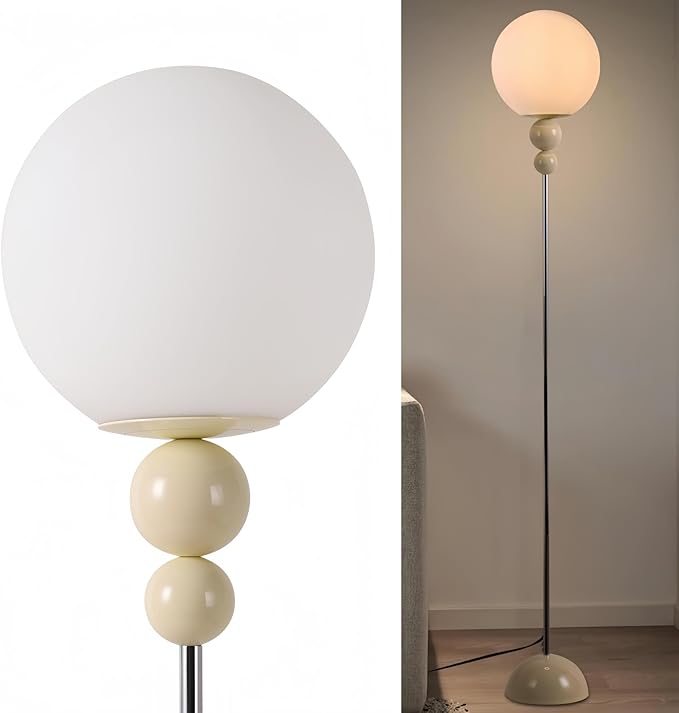 Modern Glass Floor Lamp for Bedroom, 63'' Vintage Mid-Century Floor Lamp with Milky White Frosted Glass Globe Shade for Living Room Corner, Slim Standing Reading Lamp for Office Decor (White)