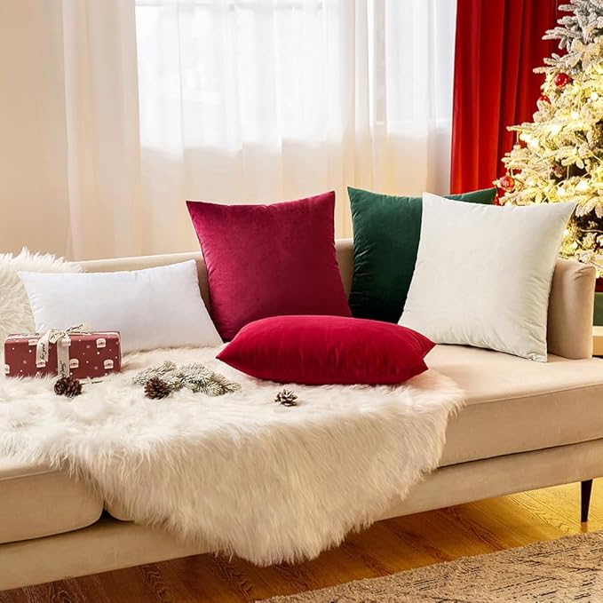 EMEMA Pack of 2 Velvet Christmas Throw Pillow Covers Decorative Square Pillowcase Soft Solid Cushion Case for Sofa Bedroom Chair Car 18x18 Inch Red Wine