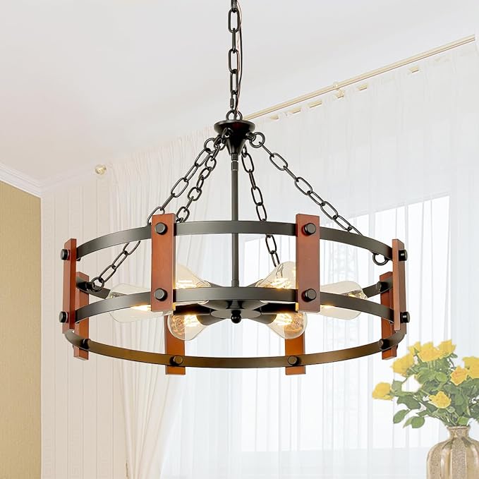 Farmhouse Wood Chandelier,23 Inch Black Modern Rustic Vintage Hanging Pendant Ceiling Light Fixture for Dining Room Bedroom Kitchen Island Hallway Foyer Entryway（6 Light