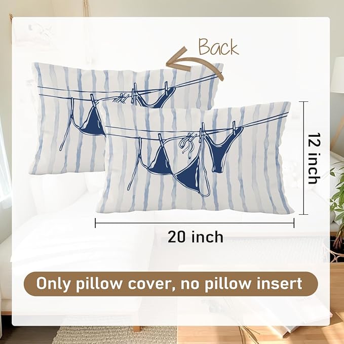 Beachy Coastal Throw Pillow Cover 12x20, Coastal Room Decor, Trendy Indoor Outdoor Lumbar Pillow Cover, Preppy Bikini Prints Girls Room College Dorm Sofa Couch Decor