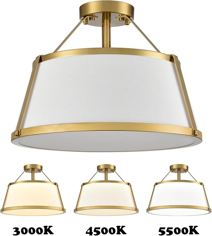 DANSEER Drum Ceiling Light Semi Flush Mount Gold Finish Dimmable LED for Bedroom Hallway Living Room Entry