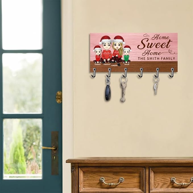 Personalized Wood Family Key Hanger Custom Name Portrait Wall Mount Key Holder for Wall Entryway Home Sweet Home Organizer Hanger Birthday Housewarming Decor Gifts for Christmas New Year