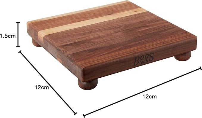 John Boos B Series Square Wooden Walnut Cutting Board 12”x12” – 1.5” Thick, 5-lb Non-Reversible Butcher Block with Wood Bun Feet & Edge-Grain