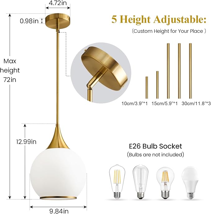 Pendant Lights Kitchen Island: 3 Pack Gold Light Fixture Modern with Frosted Glass - 10 Inch Mid Century Globe Kitchen Lighting Fixtures Ceiling for Foyer Bedroom