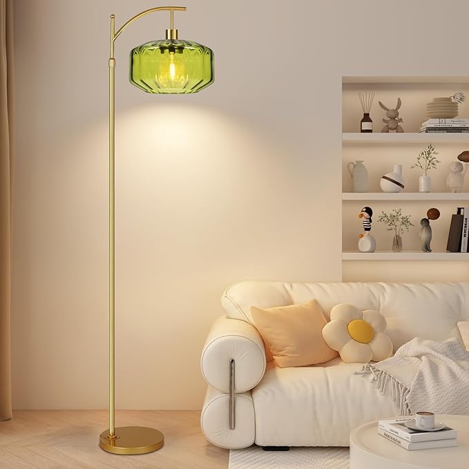 Gold Floor Lamps for Living Room Bedroom,Glass Floor Lamp with Remote Control & Green Lampshade,Arc Dimmable Floor Lamp Mid Century Modern Standing Lamp Vintage Tall Floor Lamps for Bedroom Corner