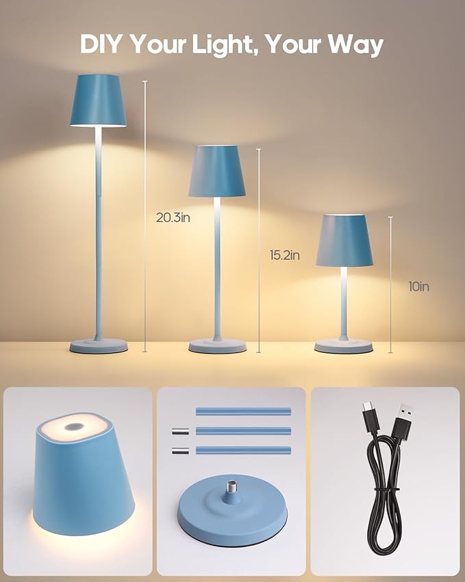 LED Cordless Table Lamp Rechargeable, 3-Height Adjustable, 5500mAh Battery Operated Lamp, 3-Color Dimming Touch Lamp, Portable Lamp for Dining, Bedroom,Camping, Outdoor, Indoor(Blue 2 Pcs)
