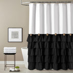 Seasonwood Black and White Farmhouse Shower Curtain 72 x 72 Black Ruffle Shower Curtain with Vintage Buttons, Rustic Decorative Fabric Shower Curtains for Guest Bathroom, 72" x 72", Black and White