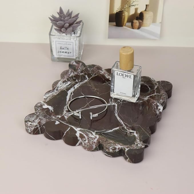 Square Marble Decorative Tray with Scalloped Edge, Luxury Natural Stone Bathroom Vanity Tray, Dresser Top Perfume Coffee Home Kitchen Sink Tray, Key Trinket Ring