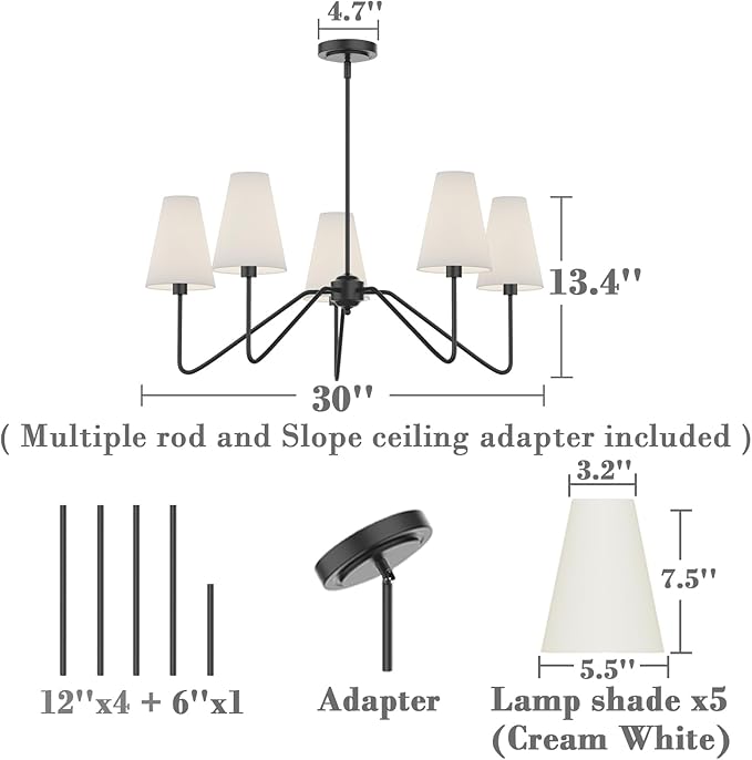 Electro bp;30" Dia 5-Arm Classic Chandeliers Matt Black with White Linen Shades,Light Fixture for Dining Room,Living Room,Bedroom,E12,200W