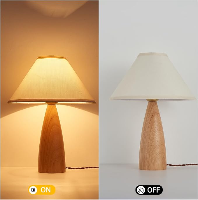 Bedside Table Lamp for Bedroom, Mid-Century Modern Plug in Fabric Shade & Solid Wood Base Desk Lamp, Plug & Play Natural Wood Nightstand Lamp for Living Room, Office, Switch Power Cord 【Bulb Included】