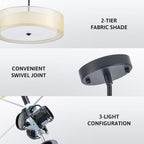 VONLUCE 3-Light Drum Chandeliers, 20" Pendant Light Fixture with 2-Layer Fabric Shade E26 Bases, Adjustable Swivel Joint Hanging Light Fixture for Bedroom Living Room Kitchen Hallway, Matte Black