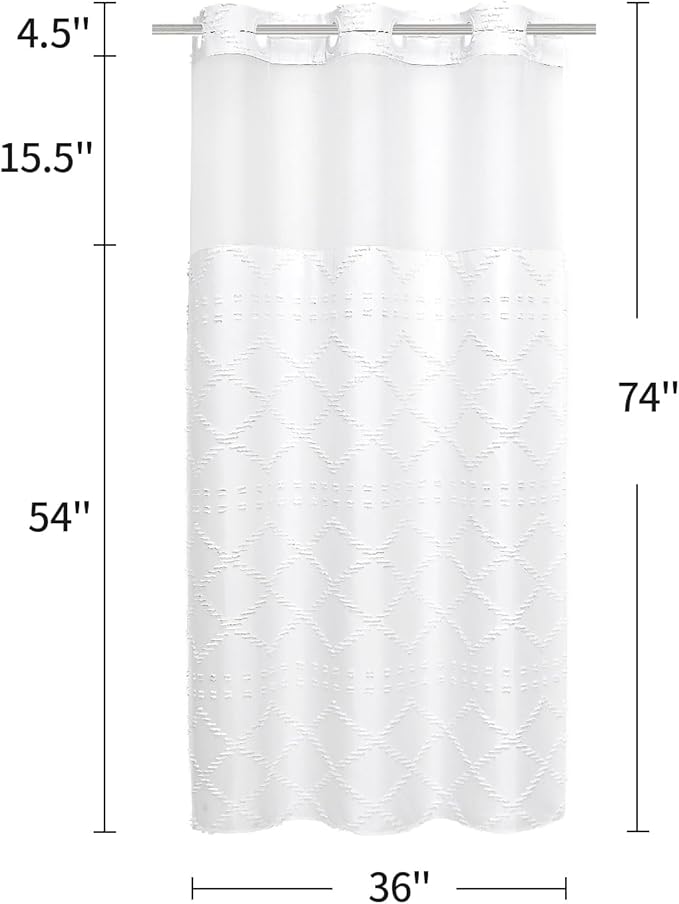 Boho White Woven Fabric Shower Curtain 36 x 74 Modern Farmhouse, No Hooks Tufted Chevron Striped Shabby Chic Textured, Minimalist Cloth Curtain for Bathroom, Hotel Decor