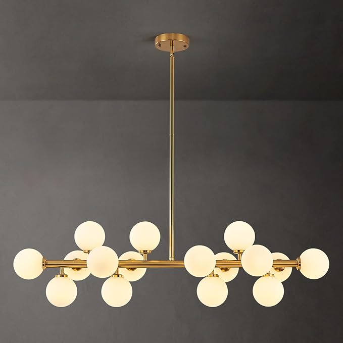 16-Light Globe Sputnik Chandelier, Mid Century Modern Light Fixture Over Table, Brass Gold Linear Chandeliers for Dining Room and Kitchen Island (Milk White Glass Bubble Shades, 40 Inch)