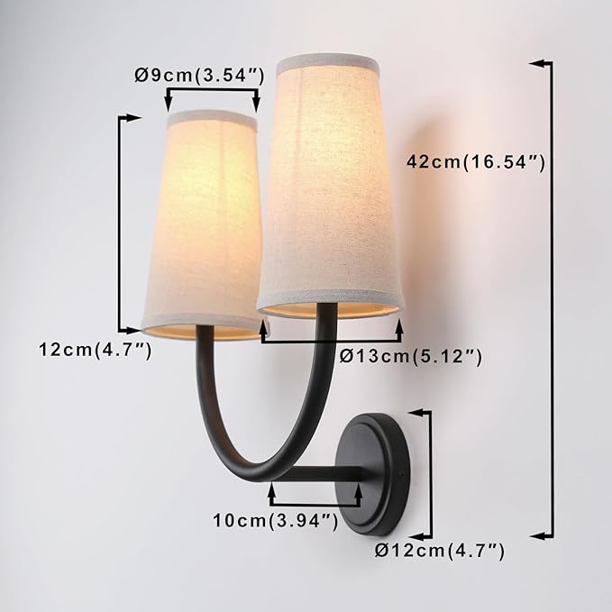 Yosoan Linen Wall Sconce Indoor Night Light Fixture, 2-Light Dual Indoor Vanity Vintage Industrial Hardwired Sconces Wall Lighting with Textile Fabric Shade Lamp for Bedroom Living Room Bedside(Black)
