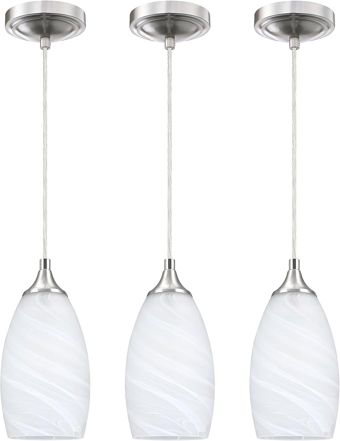 3 Pack 1 Light Indoor Mini Hanging Kitchen Island Pendant Lamps 4.8" Handcrafted Frosted Glass Chandelier Shade Brushed Nickel Finish Bar Dining Room Over Sink