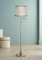 360 Lighting Westbury Modern Swing Arm Floor Lamp Standing 70" Tall Antique Brass Gold Adjustable Ivory Linen Drum Shade with Taupe Trim for Living Room Reading House Bedroom Office
