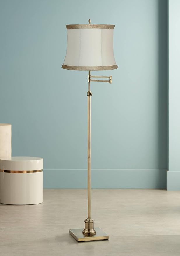 360 Lighting Westbury Modern Swing Arm Floor Lamp Standing 70" Tall Antique Brass Gold Adjustable Ivory Linen Drum Shade with Taupe Trim for Living Room Reading House Bedroom Office