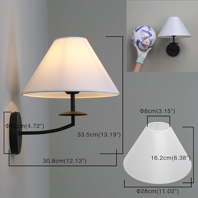 PERMO Vintage Wall Sconce Black Classic Bathroom Sconces wiht 11" Tapered White Textile Shade Wall Sconce Hardwired Indoor Wall Mount Lights for Living Room Bedroom Hallway Entryway