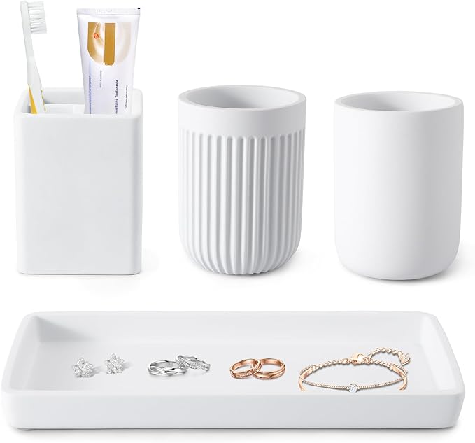 Resin Bathroom Toothbrush Cups Set with Holder and Tray, 4 Pcs Matte White Bathroom Accessories Set Counter Organizer for Sink Home Decor