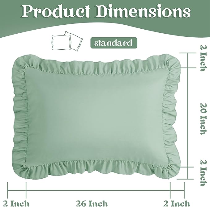 KKJIAF Ruffle Pillow Cases Standard Size Set of 2, Ruffled Pillow Covers with Envelope Closure, Wrinkle Resistant Pillowcases 20" x 26", Ruffled Pillow Shams, Sage Green