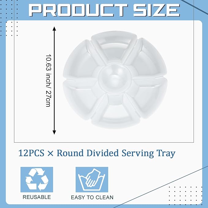 Zhehao 6 Pcs Plastic Divided Serving Trays with 60 Pcs Disposable Fork, 7 Compartments Round Chip Dip Plate, Petal Shape Platter, 10.6'' Snacks Serving Dish for Party Candy Nuts Fruits (White)