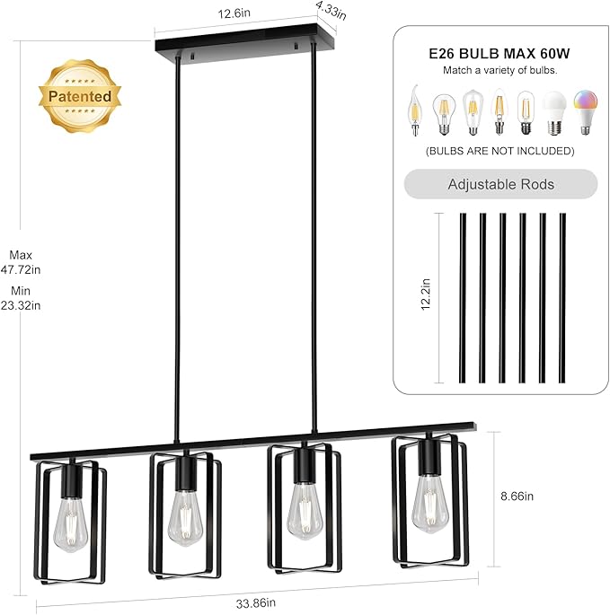 4-Lights Farmhouse Kitchen Light Fixtures Over Island, Adjustable Height Dining Room Chandelier Over Table with Flexible Shade, Hanging Pendent Lighting Over Bar, Black