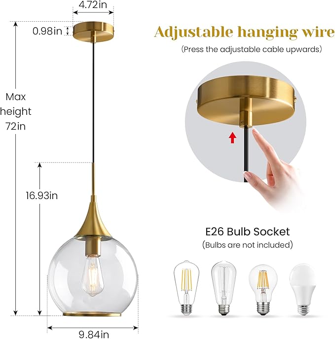 Pendant Lights Kitchen Island: 3 Pack Gold Light Fixture Modern with Clear Glass - 10 Inch Mid Century Globe Kitchen Lighting Fixtures Ceiling for Foyer Bedroom