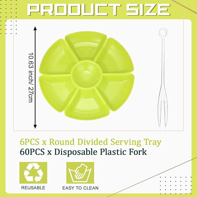 Zhehao 6 Pcs Plastic Divided Serving Trays with 60 Pcs Disposable Fork, 7 Compartments Round Chip Dip Plate, Petal Shape Platter, 10.6'' Snacks Serving Dish for Party Candy Nuts Fruits (Bright Color)