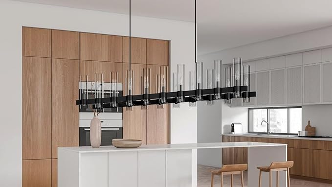 Black Linear Chandelier, 68 Inch 20-Lights Modern Kitchen Island Dining Room Over Table Light Fixture, Industrial Farmhouse Large Pendant Lighting with Glass Shade