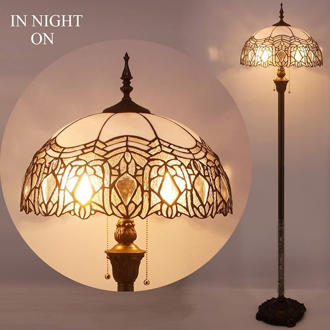 WERFACTORY Tiffany Floor Lamp Crystal Bead White Stained Glass Standing Reading Light 16X16X64 Inches Antique Pole Corner Lamp Decor Bedroom Living Room Home Office S508W Series