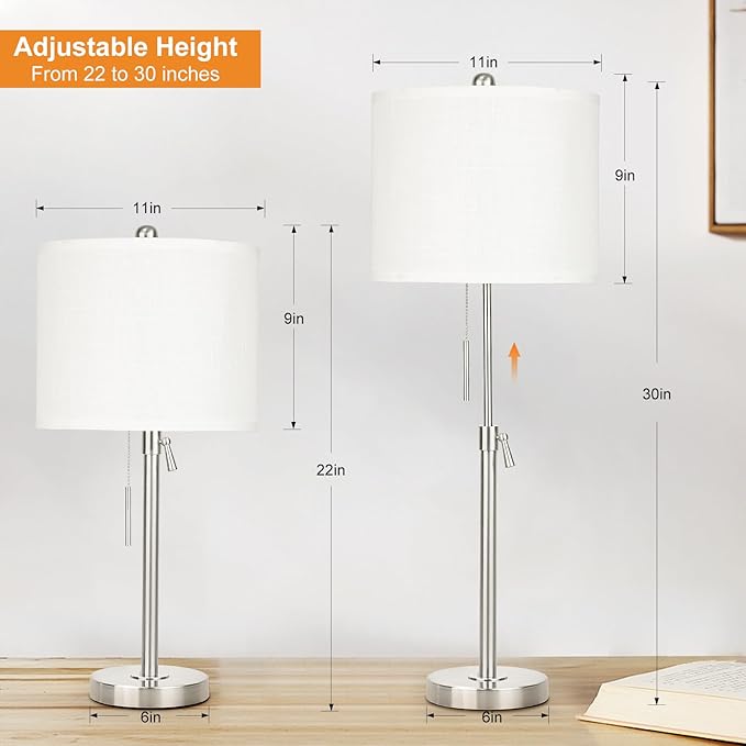 Brushed Nickel Table Lamps Set of 2: 22" to 30" Height Adjustable Nightstand Lamps with White Linen Shade | Pull Chain Switch | Silver Pole Beside Lamp for Living Room Bedroom