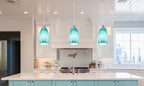 Mini Art Glass Pendant Lights Kitchen Island,Handcrafted Teal with Gold Glass Ceiling Pendant Lighting Brushed Nickel Adjustable Cord Hanging Lamp Cover for Coffe Bar,Dining Room 3pack