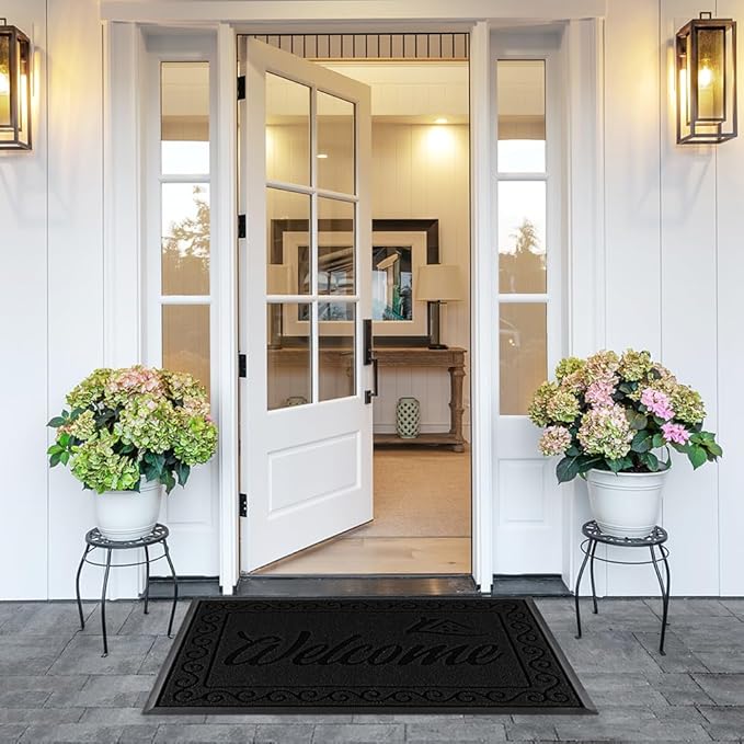 Yimobra Welcome Front Door Mat, Heavy Duty Easy Clean Doormat Indoor Outdoor, Waterproof Quick Dry Floor Mat for Home, Garage, Hign Traffic Areas, Non Slip, Low Profile, 29.5X17 Inches, Black