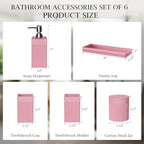 6-Piece Pink Bathroom Set - Sleek Resin Bathroom Accessories Set with Soap Dispenser, Toothbrush Holder, Vanity Tray, Tumbler & Apothecary Jars for Small Spaces
