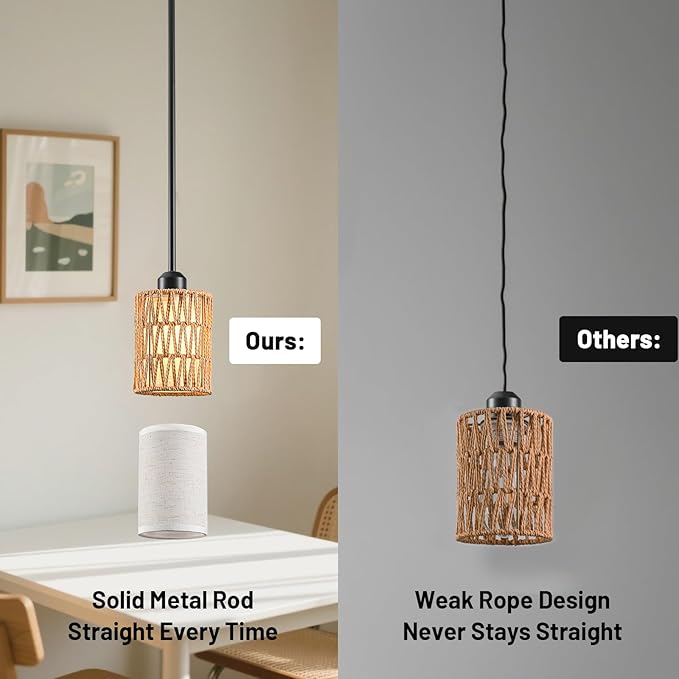 Pendant Lights for Kitchen Island, 3-in-1 Upgrade Larger Rattan Hanging Light Shade with Linen Shade, Adjustable Height Boho Hanging Lamp Fixture for Dining Room, Farmhouse, Bedroom (2 Pack)