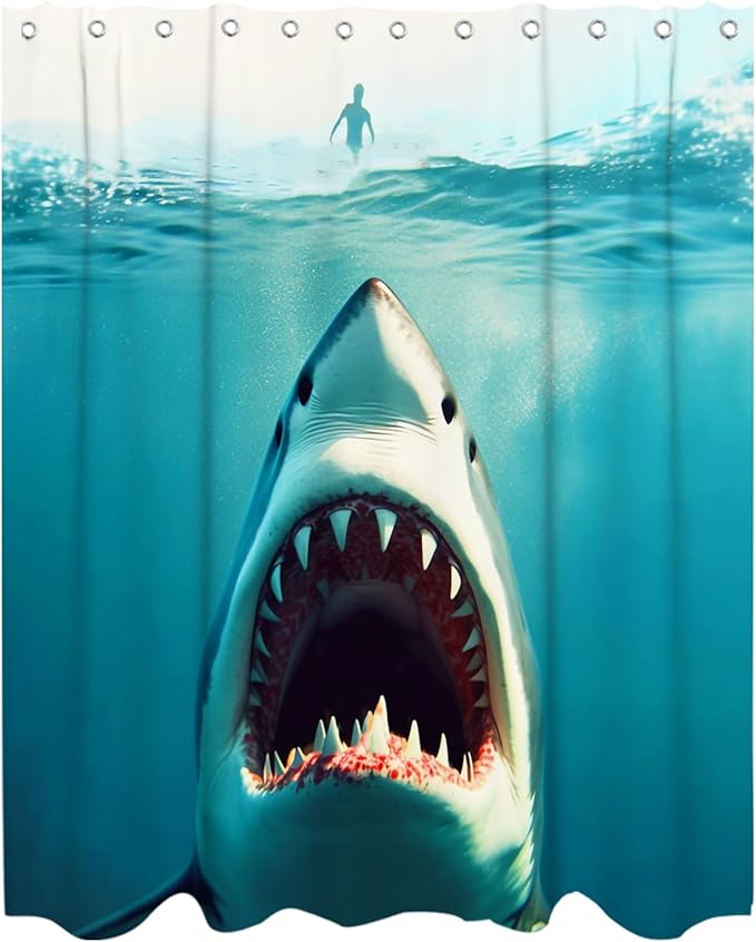Funny Shark Beach Nautical Underwater Theme Bathroom Bathtubs Fabric Shower Curtain Ocean Animal Shower Curtain Set with 12 Hooks 72x72 inch Polyester Machine Washable, Blue and White