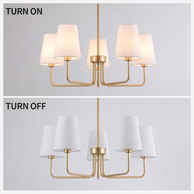 AMZASA Farmhouse Chandelier, 5-Lights Visual Comfort Gold Light, Muted Gold with White Fabric Shade, Linear Island Lighting Fixture for Kitchen, Dining Room