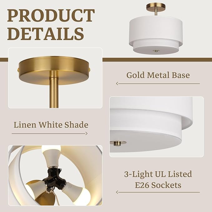 Gold Light Fixtures Ceiling Mount,12.6'' Semi Flush Mount Ceiling Light Fixtures,Nursery Light Fixture with 2-Layer White Shade,Modern Drum Ceiling Lights for Bedroom,Living Room,Hallway